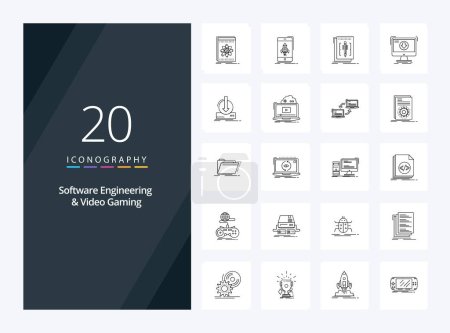 Téléchargez les illustrations : 20 icône de contour de jeu vidéo et de génie logiciel pour la présentation - en licence libre de droit
