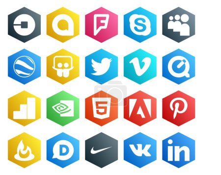 Illustration for 20 Social Media Icon Pack Including html. google analytics. google earth. quicktime. vimeo - Royalty Free Image