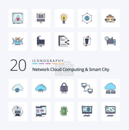 Téléchargez les illustrations : 20 Cloud Computing réseau et Smart City Line rempli icône couleur Pack comme LAN hébergement verrouillage sécurisé - en licence libre de droit
