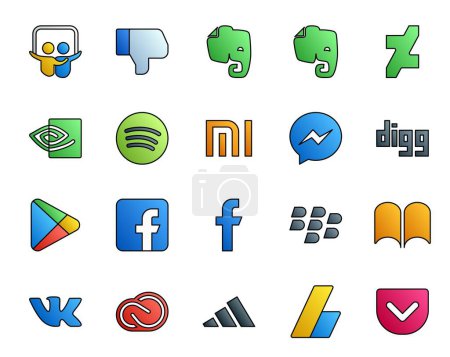 Illustration for 20 Social Media Icon Pack Including adobe. creative cloud. digg. vk. blackberry - Royalty Free Image