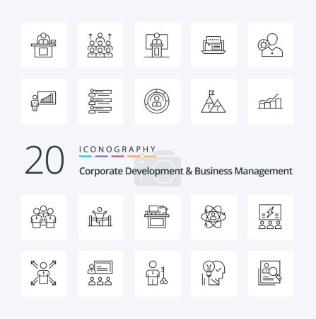 Téléchargez les illustrations : 20 Corporate Development And Business Management Line icône Pack comme moniteur ordinateur de bureau homme d'affaires - en licence libre de droit