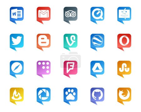 Téléchargez les illustrations : 20 Social Media Discours Bubble Style Logo comme foursquare. navigateur. twitter. safari. google earth - en licence libre de droit