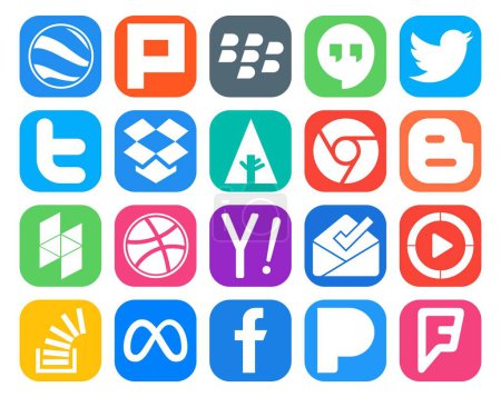 Ilustración de 20 Paquete de iconos de redes sociales, incluido el desbordamiento de existencias. windows media player. Cromo. bandeja de entrada. Yahoo. - Imagen libre de derechos