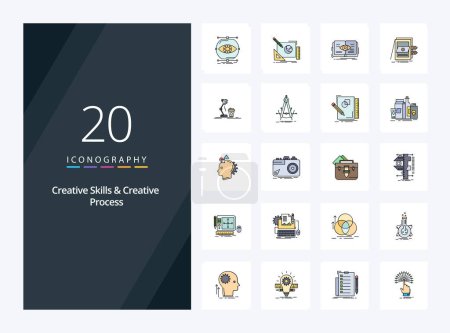 Illustration for 20 Creative Skills And Creative Process line Filled icon for presentation - Royalty Free Image