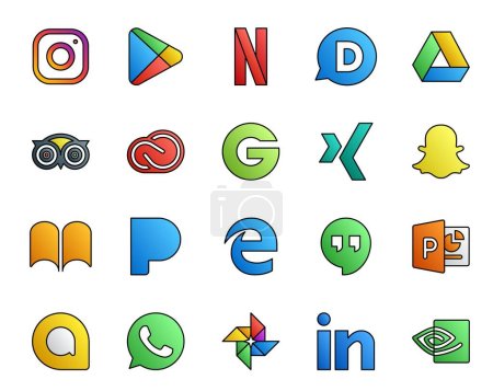 Illustration for 20 Social Media Icon Pack Including hangouts. pandora. creative cloud. ibooks. xing - Royalty Free Image