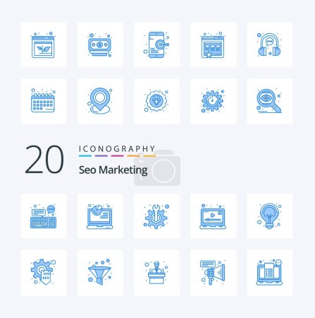 Ilustración de 20 Seo Marketing icono de color azul Paquete como campañas de análisis de vídeo jugador fijar - Imagen libre de derechos