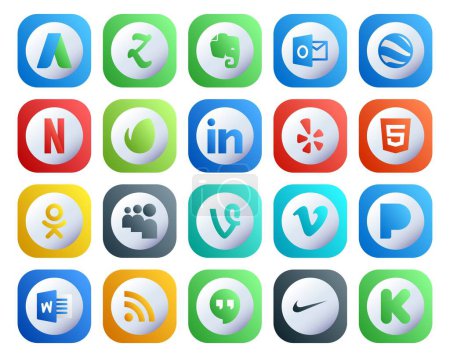 Illustration for 20 Social Media Icon Pack Including rss. pandora. yelp. video. vine - Royalty Free Image