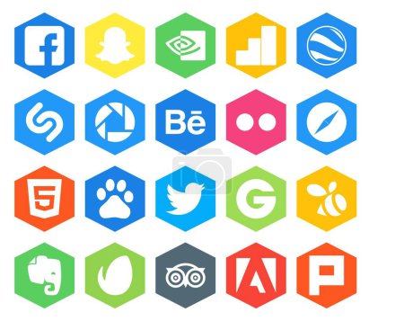 Ilustración de 20 Paquete de iconos de redes sociales Incluyendo evernote. groupon. flickr. tweet. baidu - Imagen libre de derechos