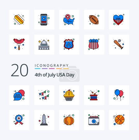 Ilustración de 20 EE.UU. línea llena icono de color Pack como independencia fiesta guirnalda tambor pastel - Imagen libre de derechos