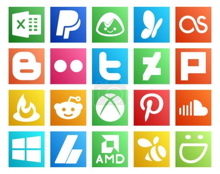Ilustración de 20 Paquete de iconos de redes sociales Incluyendo música. soundcloud. tweet. pinterest. reddit - Imagen libre de derechos