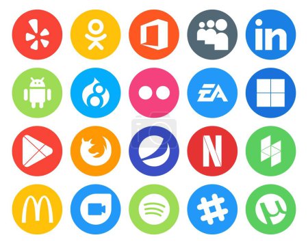 Téléchargez les illustrations : 20 Pack d'icônes pour les médias sociaux Y compris netflix. navigateur. arts électroniques. firefox. google play - en licence libre de droit
