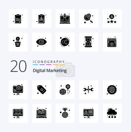 Illustration for 20 Digital Marketing Solid Glyph icon Pack like integration favorite tools repair - Royalty Free Image