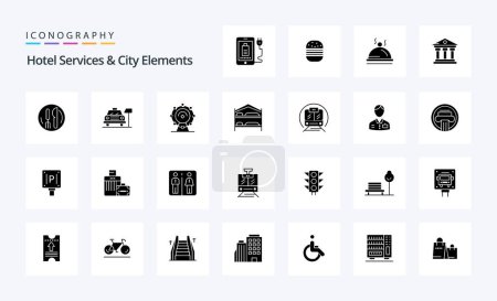 Téléchargez les illustrations : 25 Services hôteliers et éléments de la ville pack icône Glyphe solide - en licence libre de droit