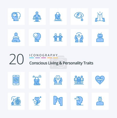 Illustration for 20 Concious Living And Personality Traits Blue Color icon Pack like friends culture mind love feelings - Royalty Free Image
