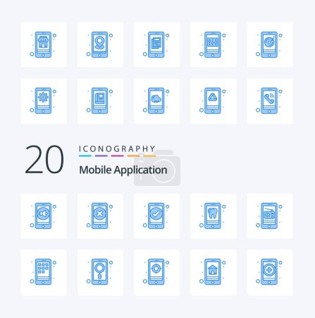 Téléchargez les illustrations : 20 Application mobile Icône de couleur bleue Pack comme application de téléphone multimédia application iphone - en licence libre de droit