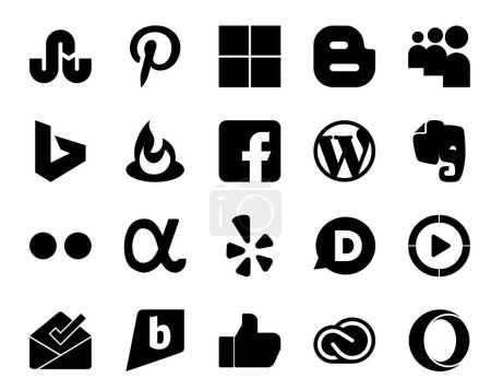 Ilustración de 20 Paquete de iconos de redes sociales Incluyendo bandeja de entrada. windows media player. wordpress. disqus. red de aplicación - Imagen libre de derechos