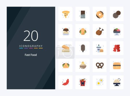 Téléchargez les illustrations : 20 Fast Food icône de couleur plate pour la présentation - en licence libre de droit