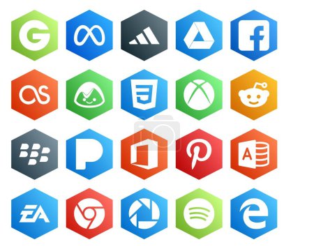 Téléchargez les illustrations : 20 Pack d'icônes pour les médias sociaux, y compris ea. accès microsoft. css. pinterest. pandémie - en licence libre de droit