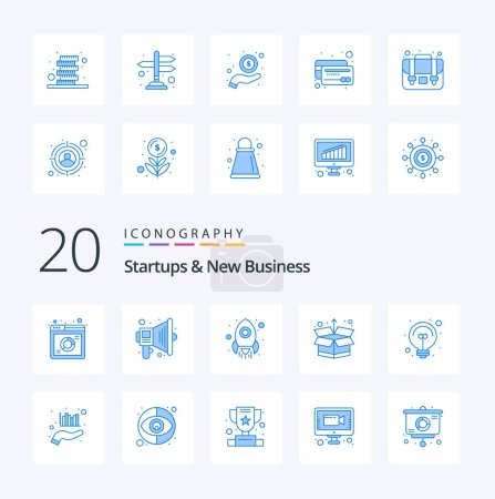 Illustration for 20 Startups And New Business Blue Color icon Pack like chart light rocket business idea package - Royalty Free Image