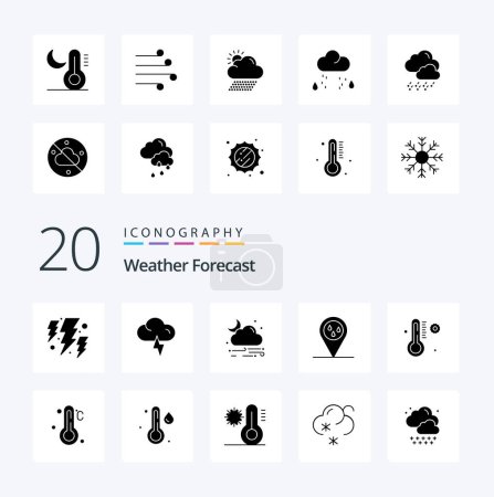 Téléchargez les illustrations : 20 Météo Icône Glyphe solide Pack comme le thermomètre de pluie température des nuages pluie - en licence libre de droit