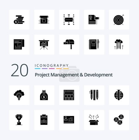 Illustration for 20 Project Management And Development Solid Glyph icon Pack like items essential tools business tools web - Royalty Free Image