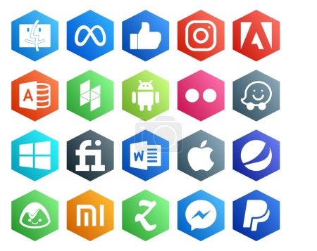 Téléchargez les illustrations : 20 Pack d'icônes de médias sociaux incluant xiaomi. pepsi. androïde. pomme. fiverr - en licence libre de droit