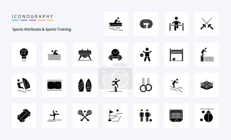 Téléchargez les illustrations : 25 Sport Atributes Et Sport Entraînement Solide Glyphe icône pack - en licence libre de droit