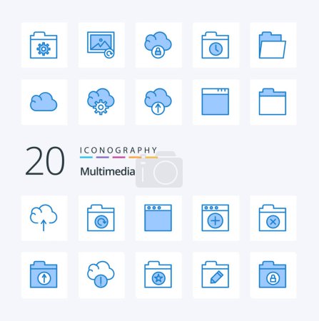 Ilustración de 20 Icono de color azul multimedia Paquete como bloqueo de nube de almacenamiento abrir archivos - Imagen libre de derechos