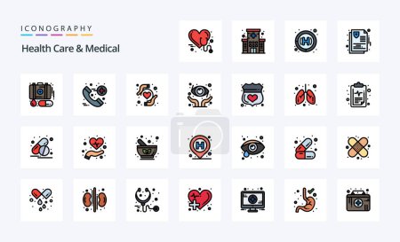 Téléchargez les illustrations : Pack icône 25 soins de santé et ligne médicale rempli - en licence libre de droit