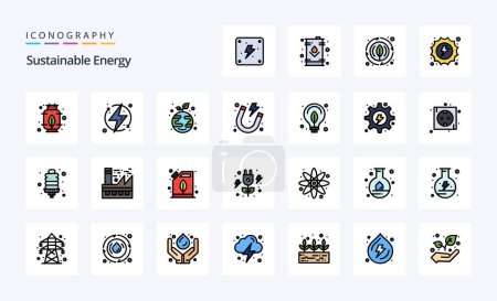 Téléchargez les illustrations : Pack icône de style rempli de 25 lignes d'énergie durable - en licence libre de droit