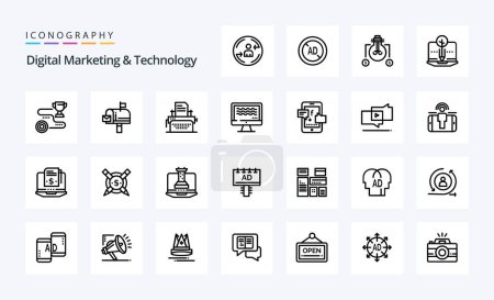 Ilustración de Paquete de iconos de 25 líneas de marketing y tecnología digital - Imagen libre de derechos