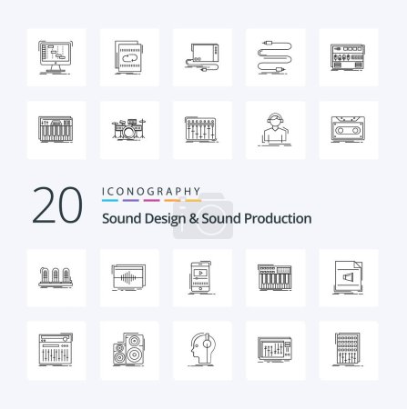 Téléchargez les illustrations : Pack d'icônes 20 Sound Design et Sound Production Line. comme le clavier. mobile. hertz. vidéo. musique - en licence libre de droit