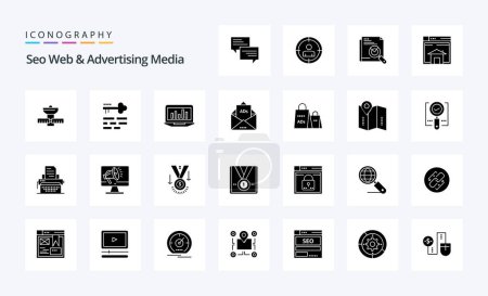 Illustration for 25 Seo Web And Advertising Media Solid Glyph icon pack - Royalty Free Image