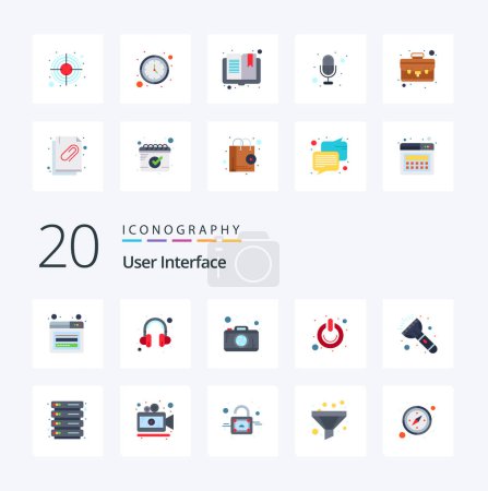 Illustration for 20 User Interface Flat Color icon Pack like torch flash camera switch on - Royalty Free Image