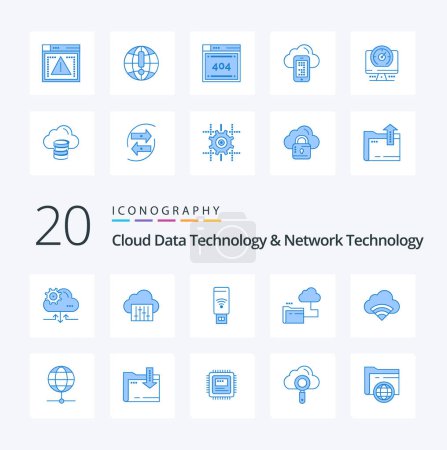 Téléchargez les illustrations : 20 Cloud Data Technology et Network Technology Icône de couleur bleue Pack comme un fichier de connexion USB cloud de stockage - en licence libre de droit