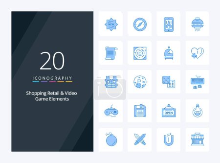 Téléchargez les illustrations : 20 Boutiques au détail et éléments de jeu vidéo icône de couleur bleue pour la présentation - en licence libre de droit