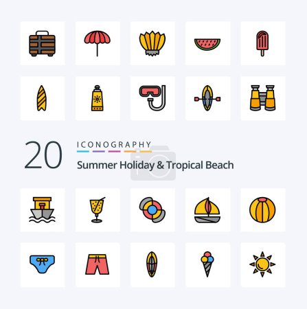 Téléchargez les illustrations : Icône de couleur remplie de ligne de plage 20 Pack comme bateau de plage de sauveteur de balle de plage - en licence libre de droit