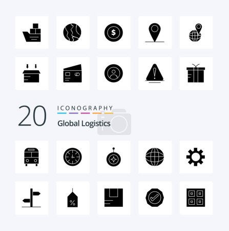 Ilustración de 20 Global Logistics Solid Glyph icon Paquete como escudo global global de localización mundial - Imagen libre de derechos