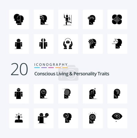 Illustration for 20 Concious Living And Personality Traits Solid Glyph icon Pack like mind key minded brain manipulate - Royalty Free Image
