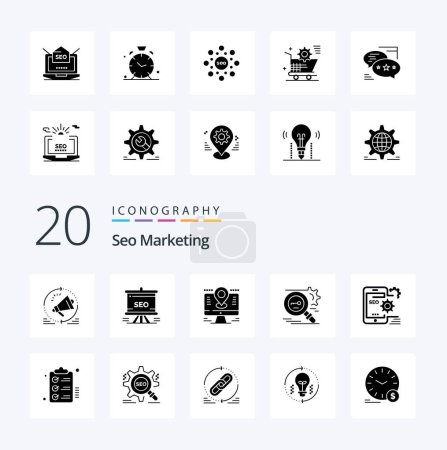 Illustration for 20 Seo Marketing Solid Glyph icon Pack like research key analytics pin location - Royalty Free Image