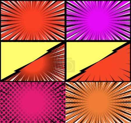 Illustration for Comic book colorful frames background with halftone rays radial and dotted effects pop art style - Royalty Free Image