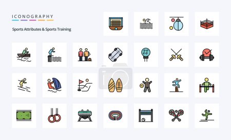 Téléchargez les illustrations : 25 Sports Atributes And Sports Training Line Filled Style icône pack - en licence libre de droit