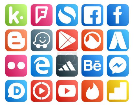 Ilustración de 20 Paquete de iconos de redes sociales Incluyendo video. disqus. grooveshark. mensajero. adidas - Imagen libre de derechos