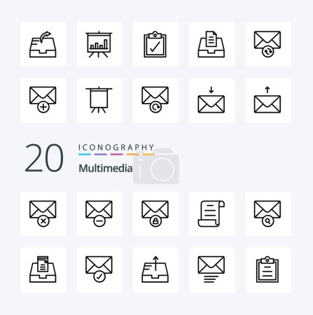 Illustration for 20 Multimedia Line icon Pack like presentation analytics script send mail - Royalty Free Image