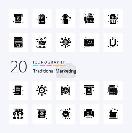 Illustration for 20 Traditional Marketing Solid Glyph icon Pack. like subscribe. news. paid. support. calls - Royalty Free Image