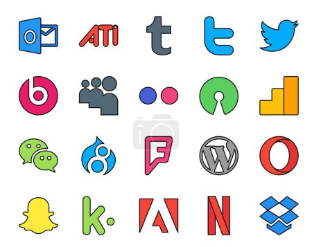 Illustration for 20 Social Media Icon Pack Including snapchat. cms. open source. wordpress. drupal - Royalty Free Image