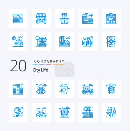 Illustration for 20 City Life Blue Color icon Pack like light life garbage city garbage - Royalty Free Image