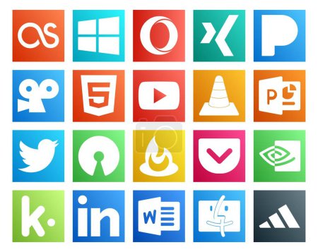 Illustration for 20 Social Media Icon Pack Including pocket. open source. video. tweet. powerpoint - Royalty Free Image