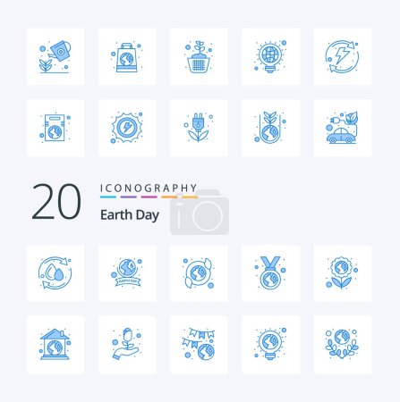 Illustration for 20 Earth Day Blue Color icon Pack like flower badge care ribbon environmental protection - Royalty Free Image