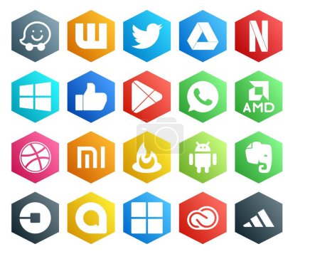 Ilustración de 20 Paquete de iconos de redes sociales Incluyendo uber. androide. google play. alimentador. dribbble - Imagen libre de derechos
